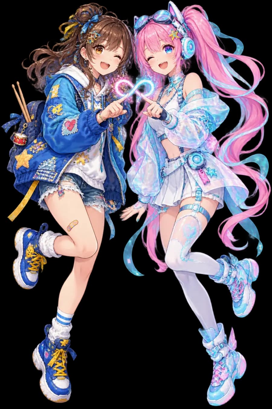 2026年の愛野あかりと2045年のAIノアカリ☆が、指先で光る無限記号を作って笑っている